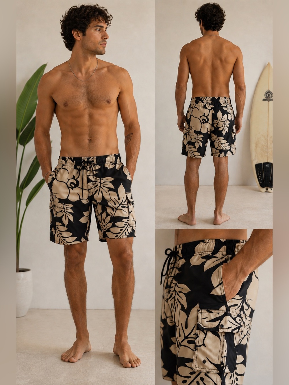 Hawaiian Performance Surfwear Cargo Swim Trunks Floral Board Shorts Mens Size 32